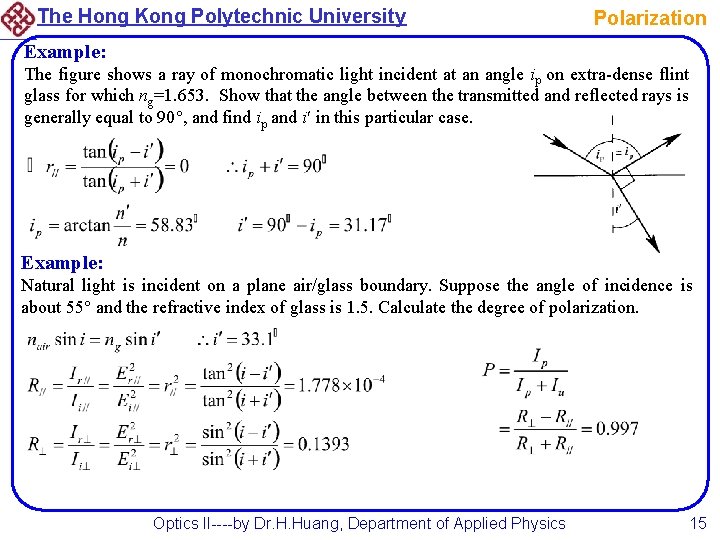 The Hong Kong Polytechnic University Polarization Example: The figure shows a ray of monochromatic