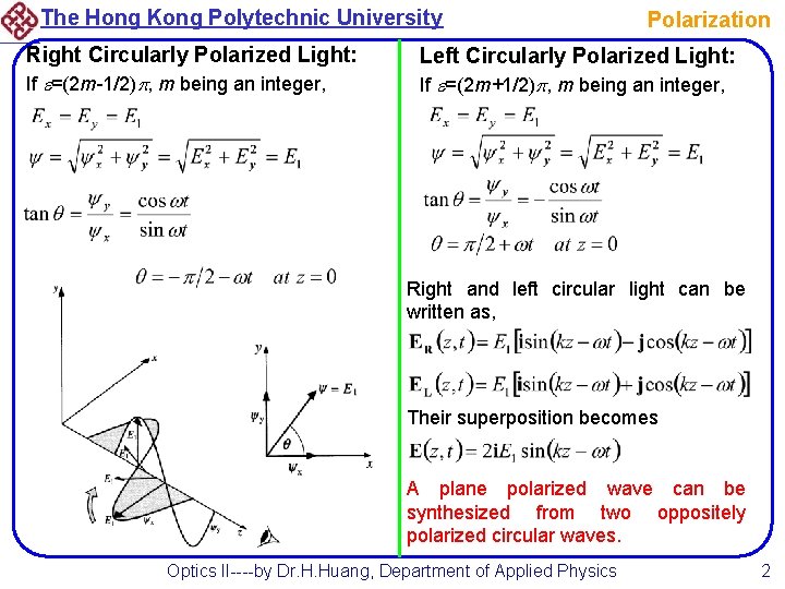 The Hong Kong Polytechnic University Right Circularly Polarized Light: If =(2 m-1/2) , m