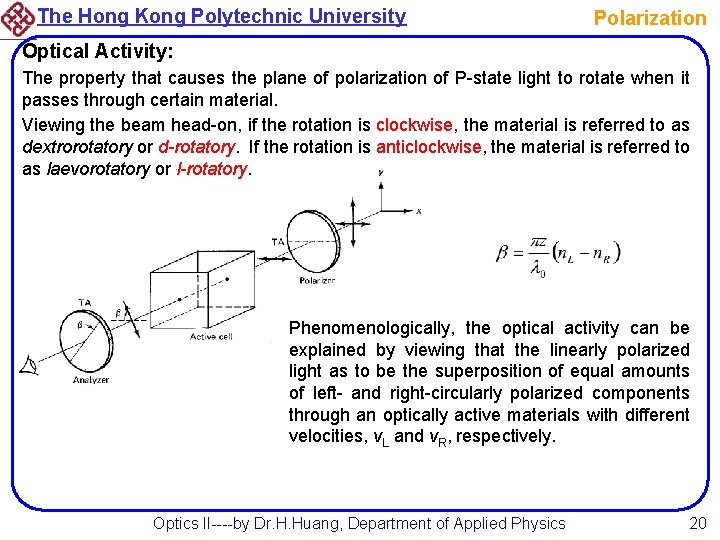 The Hong Kong Polytechnic University Polarization Optical Activity: The property that causes the plane