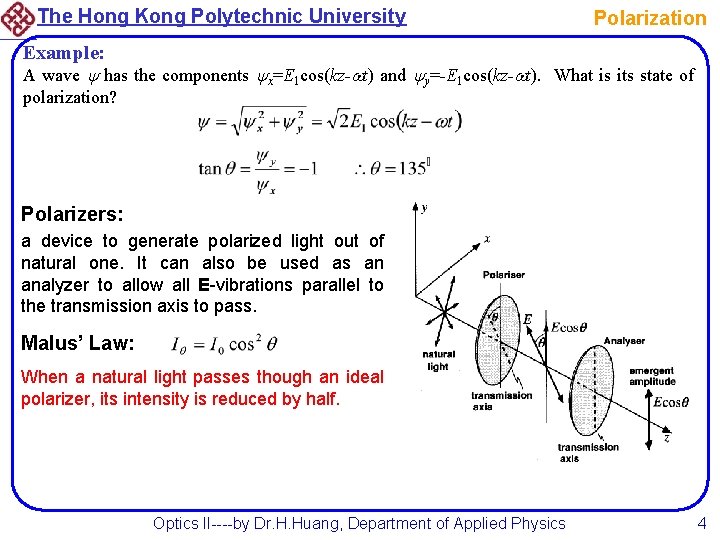 The Hong Kong Polytechnic University Polarization Example: A wave has the components x=E 1