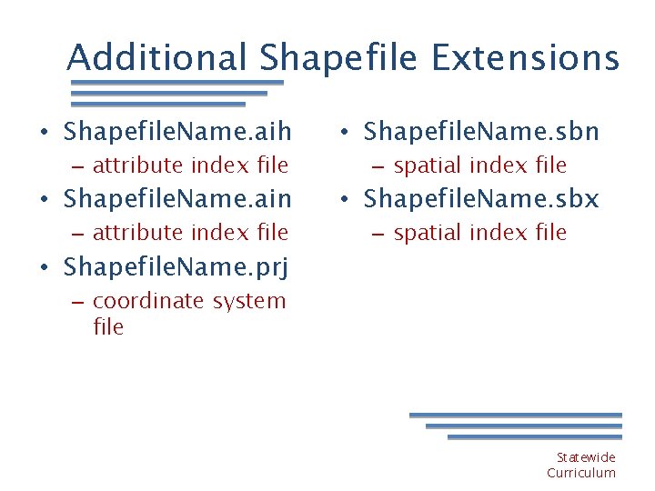 Additional Shapefile Extensions • Shapefile. Name. aih • Shapefile. Name. sbn • Shapefile. Name.