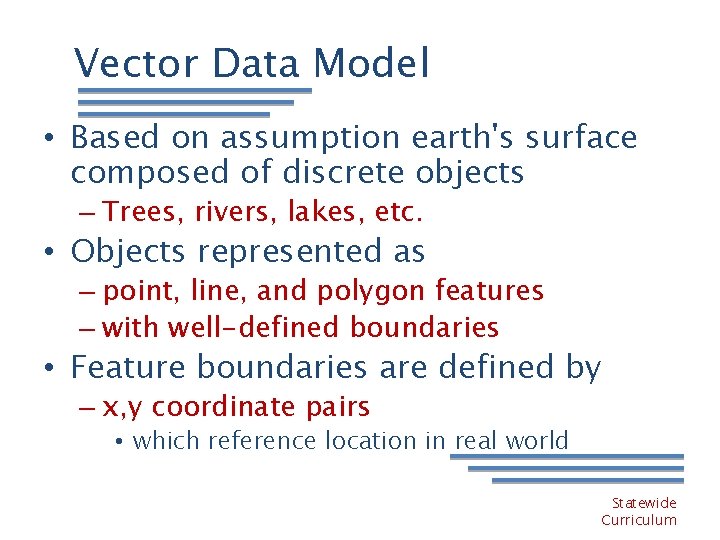 Vector Data Model • Based on assumption earth's surface composed of discrete objects –