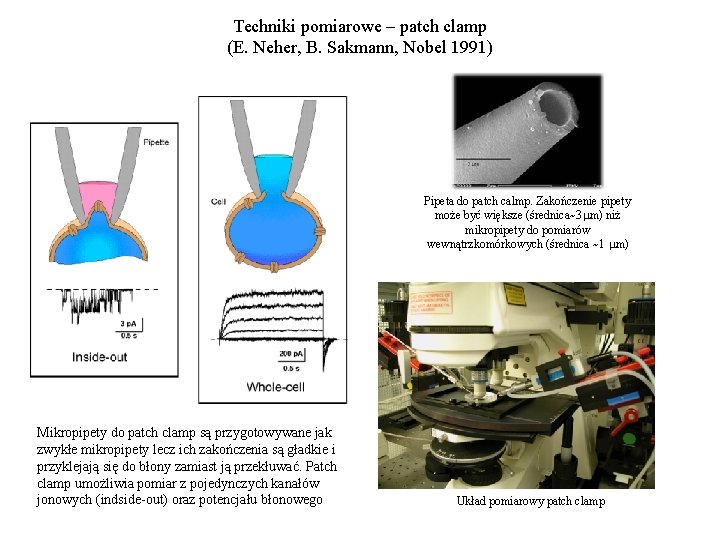 Techniki pomiarowe – patch clamp (E. Neher, B. Sakmann, Nobel 1991) Pipeta do patch