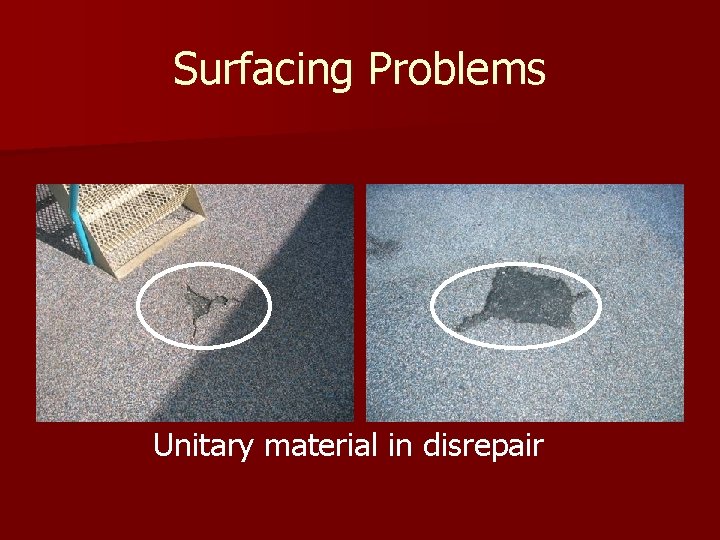 Surfacing Problems Unitary material in disrepair 