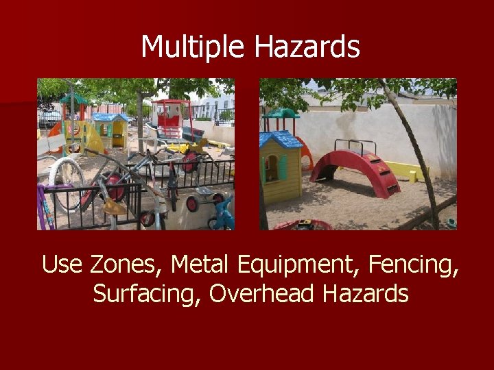 Multiple Hazards Use Zones, Metal Equipment, Fencing, Surfacing, Overhead Hazards 