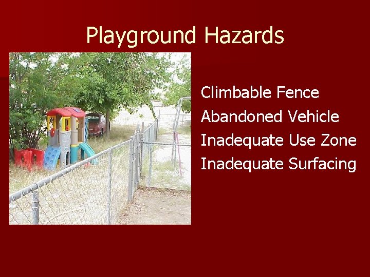 Playground Hazards Climbable Fence Abandoned Vehicle Inadequate Use Zone Inadequate Surfacing 