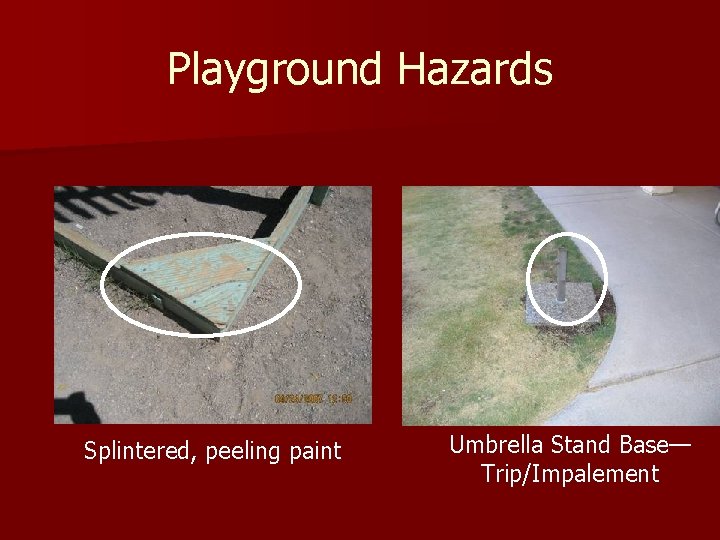 Playground Hazards Splintered, peeling paint Umbrella Stand Base— Trip/Impalement Playground Hazards Splintered, peeling paint Umbrella Stand Base— Trip/Impalement