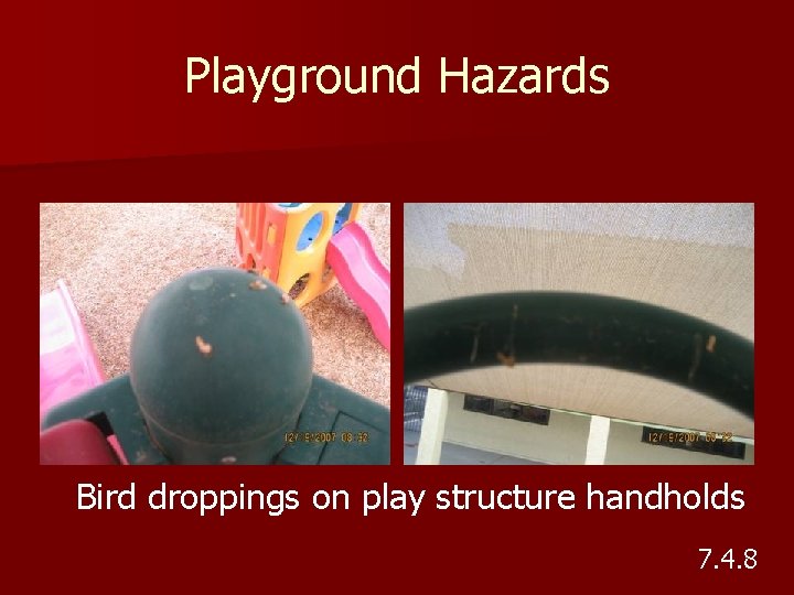 Playground Hazards Bird droppings on play structure handholds 7. 4. 8 Playground Hazards Bird droppings on play structure handholds 7. 4. 8