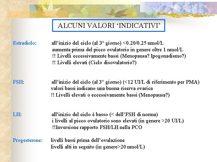 ALCUNI VALORI ‘INDICATIVI’ Estradiolo: all’inizio del ciclo (al 3° giorno) <0. 20/0. 25 nmol/L