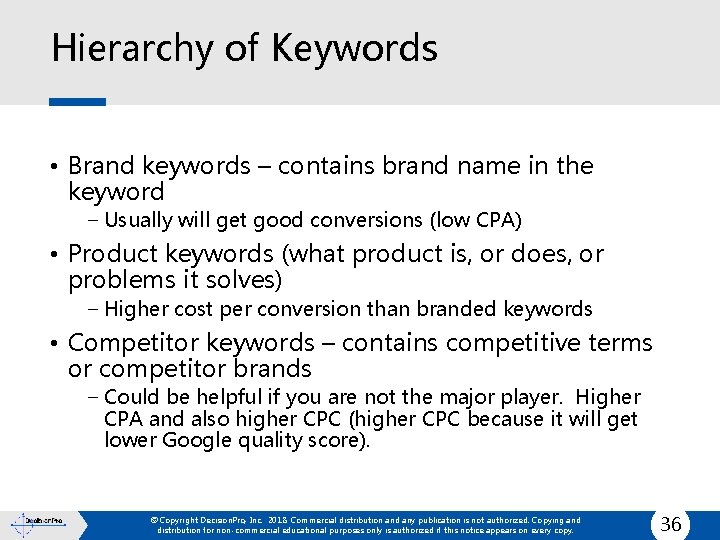 Hierarchy of Keywords • Brand keywords – contains brand name in the keyword −