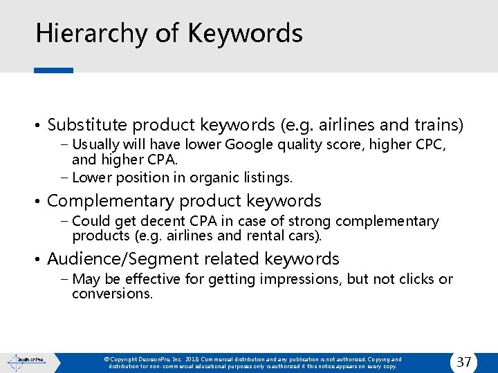 Hierarchy of Keywords • Substitute product keywords (e. g. airlines and trains) − Usually