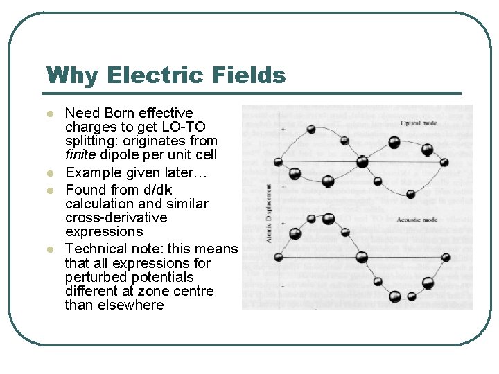 Why Electric Fields l l Need Born effective charges to get LO-TO splitting: originates