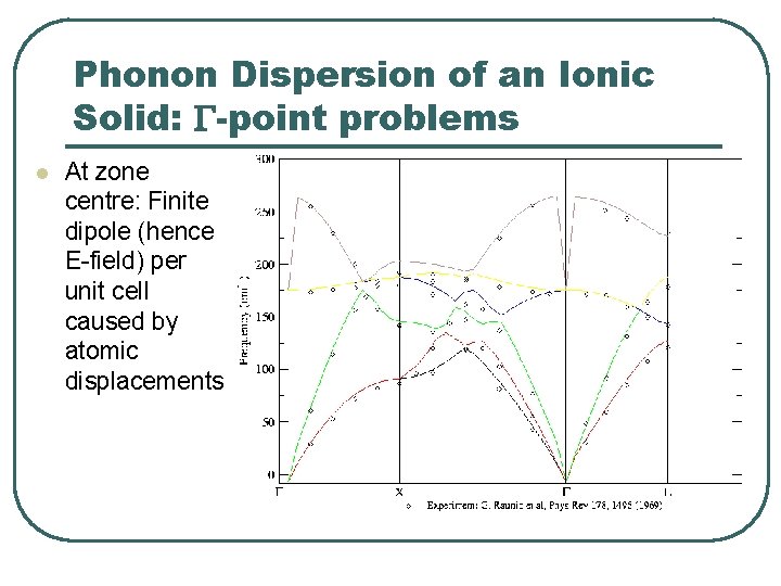 Phonon Dispersion of an Ionic Solid: G-point problems l At zone centre: Finite dipole