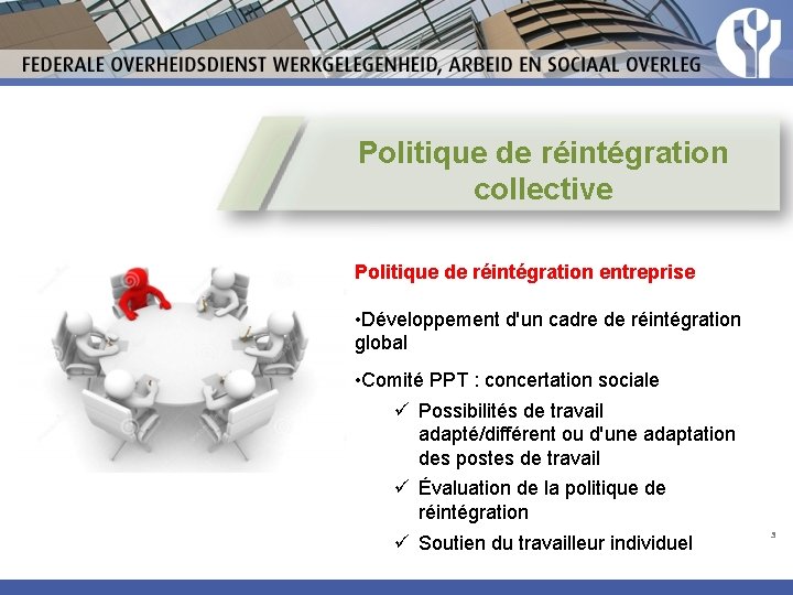 Politique de réintégration collective Politique de réintégration entreprise • Développement d'un cadre de réintégration