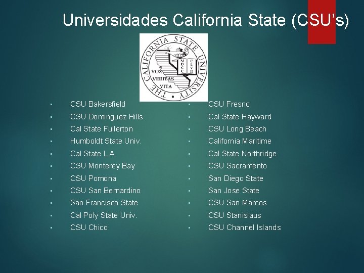Universidades California State (CSU’s) • CSU Bakersfield • CSU Fresno • CSU Dominguez Hills Universidades California State (CSU’s) • CSU Bakersfield • CSU Fresno • CSU Dominguez Hills