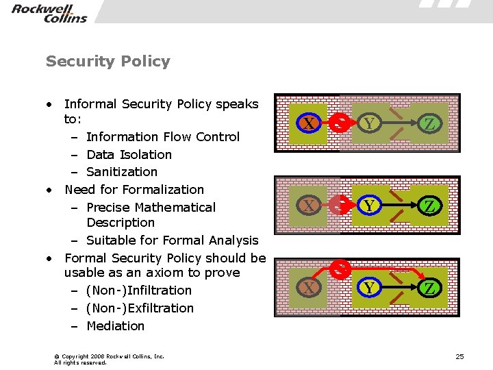 Security Policy • Informal Security Policy speaks to: – Information Flow Control – Data