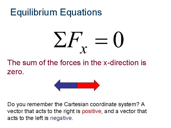 Equilibrium Equations The sum of the forces in the x-direction is zero. Do you