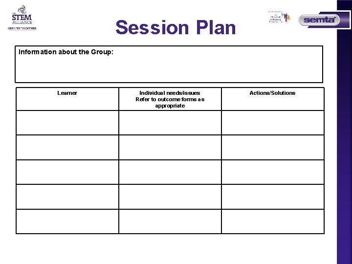 Session Plan Information about the Group: Learner Individual needs/issues Refer to outcome forms as