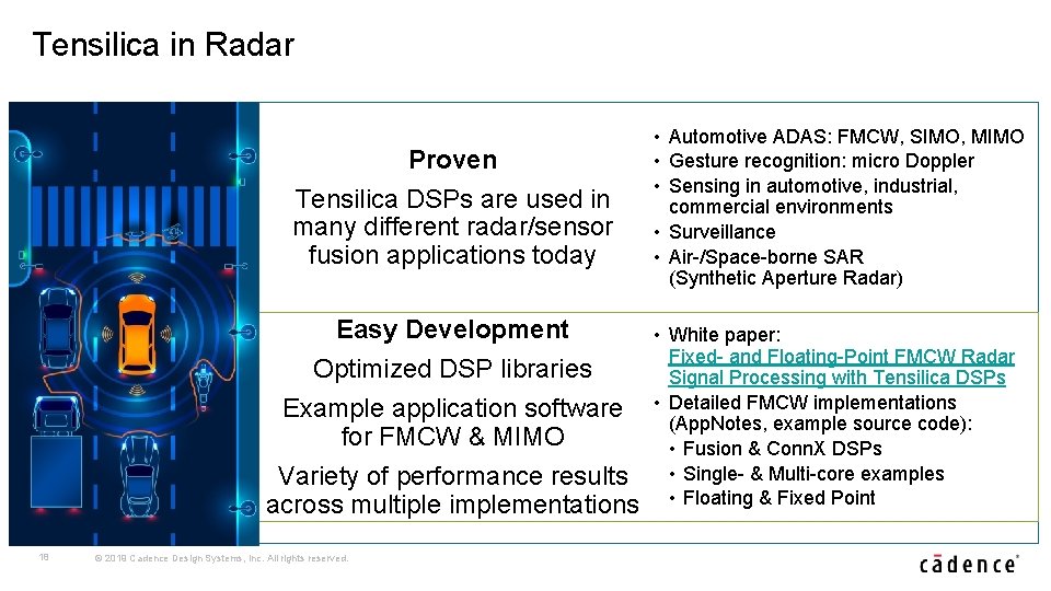Tensilica in Radar Proven Tensilica DSPs are used in many different radar/sensor fusion applications
