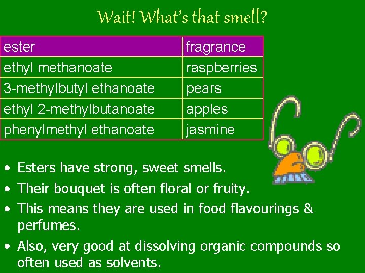 Wait! What’s that smell? ester ethyl methanoate 3 -methylbutyl ethanoate ethyl 2 -methylbutanoate phenylmethyl Wait! What’s that smell? ester ethyl methanoate 3 -methylbutyl ethanoate ethyl 2 -methylbutanoate phenylmethyl