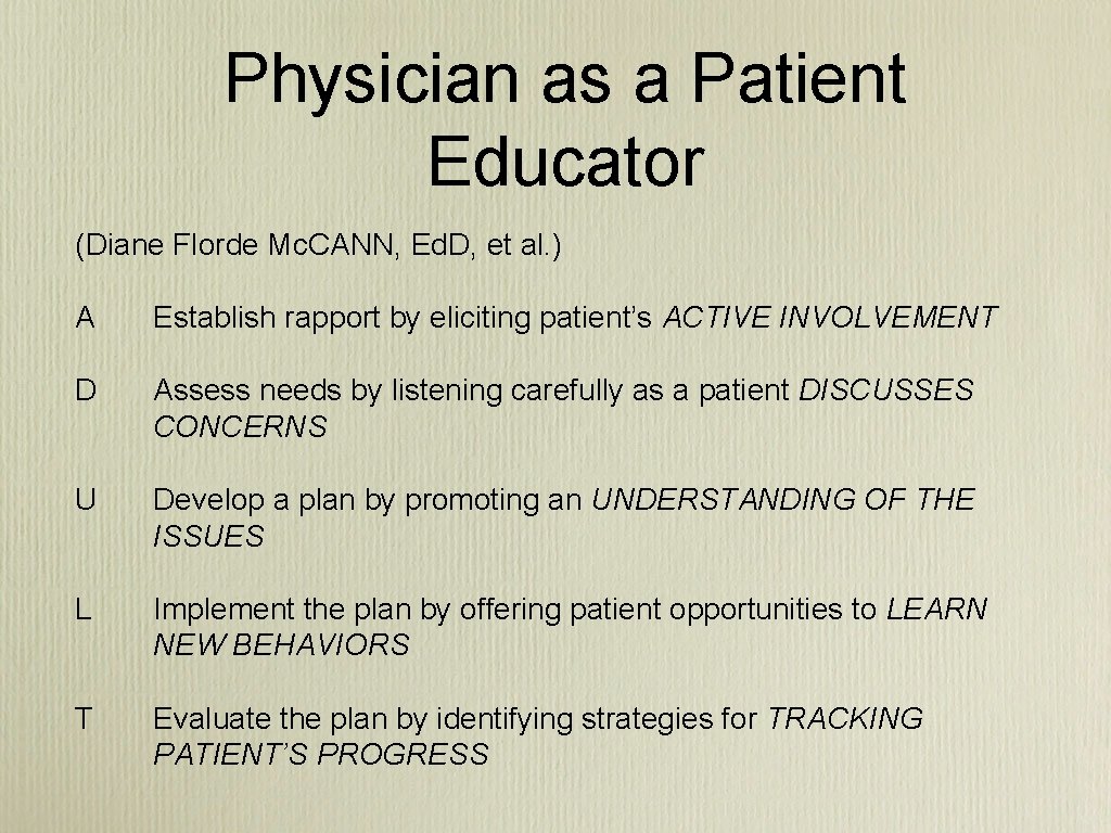 Physician as a Patient Educator (Diane Florde Mc. CANN, Ed. D, et al. )