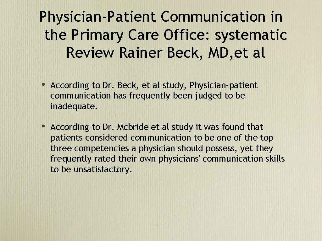 Physician-Patient Communication in the Primary Care Office: systematic Review Rainer Beck, MD, et al