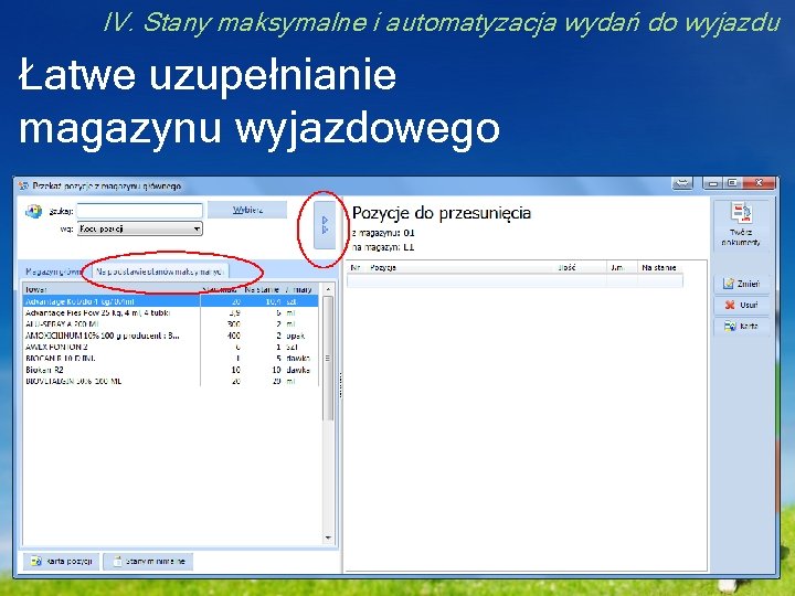 IV. Stany maksymalne i automatyzacja wydań do wyjazdu Łatwe uzupełnianie magazynu wyjazdowego 