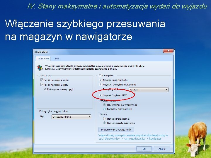 IV. Stany maksymalne i automatyzacja wydań do wyjazdu Włączenie szybkiego przesuwania na magazyn w