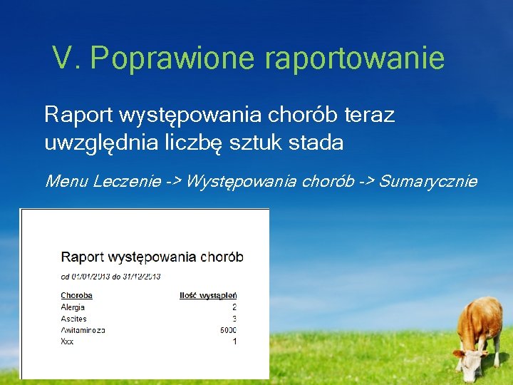 V. Poprawione raportowanie Raport występowania chorób teraz uwzględnia liczbę sztuk stada Menu Leczenie ->