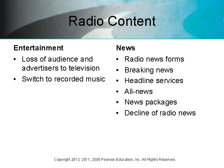 Radio Content Entertainment News • Loss of audience and advertisers to television • Switch