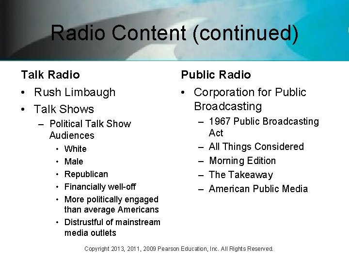 Radio Content (continued) Talk Radio Public Radio • Rush Limbaugh • Talk Shows •