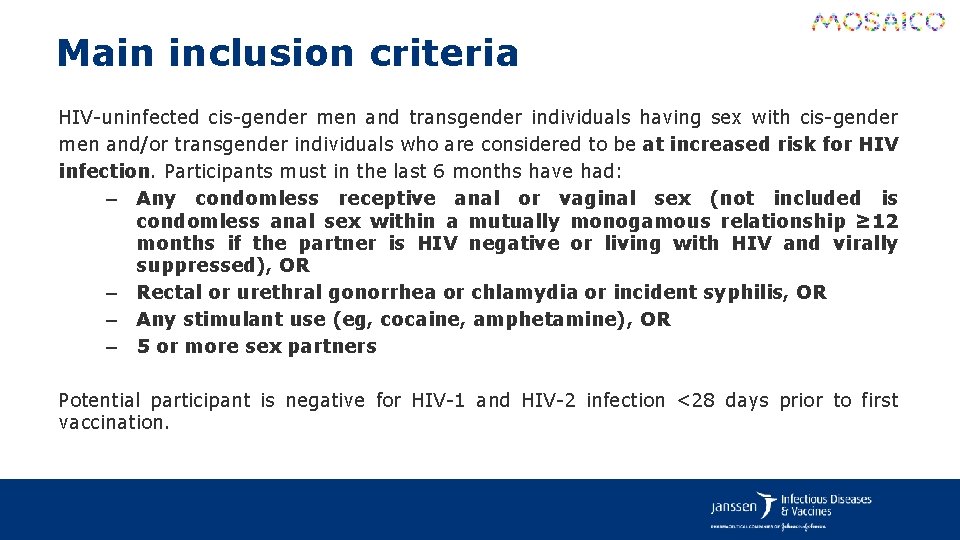 Main inclusion criteria HIV-uninfected cis-gender men and transgender individuals having sex with cis-gender men