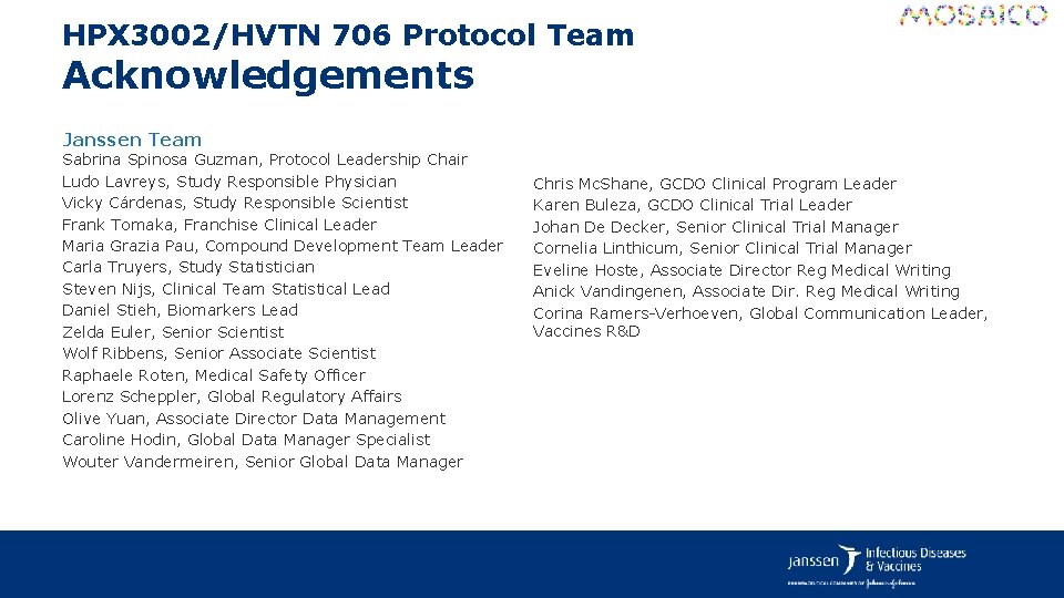 HPX 3002/HVTN 706 Protocol Team Acknowledgements Janssen Team Sabrina Spinosa Guzman, Protocol Leadership Chair