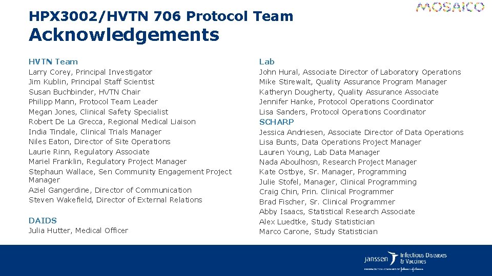 HPX 3002/HVTN 706 Protocol Team Acknowledgements HVTN Team Larry Corey, Principal Investigator Jim Kublin,