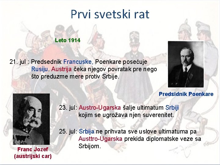 Prvi svetski rat Leto 1914 21. jul : Predsednik Francuske, Poenkare posećuje Rusiju. Austrija