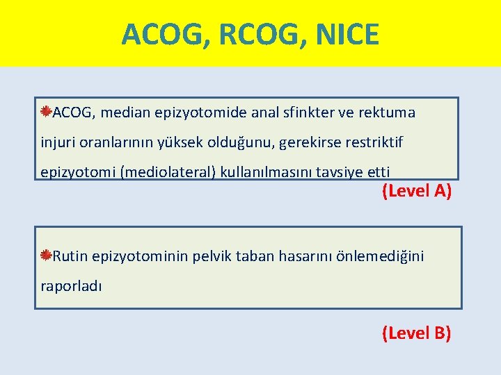 ACOG, RCOG, NICE ACOG, median epizyotomide anal sfinkter ve rektuma injuri oranlarının yüksek olduğunu,