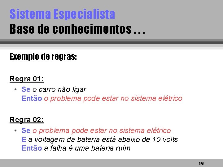 Sistema Especialista Base de conhecimentos. . . Exemplo de regras: Regra 01: • Se