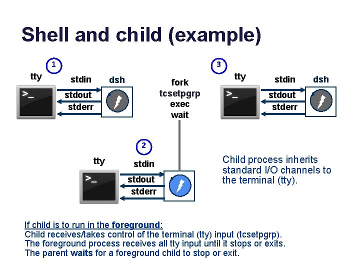 Shell and child (example) 1 tty 3 stdin dsh fork tcsetpgrp exec wait stdout