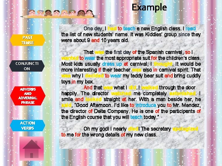 Example PAST TENSE CONJUNCTI ON ADVERBS AND ADVERBIAL PHRASE ACTION VERBS One day, I