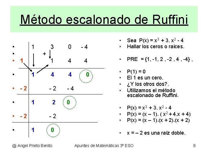 Método escalonado de Ruffini • • • 1 1 • 1 -4 1 4