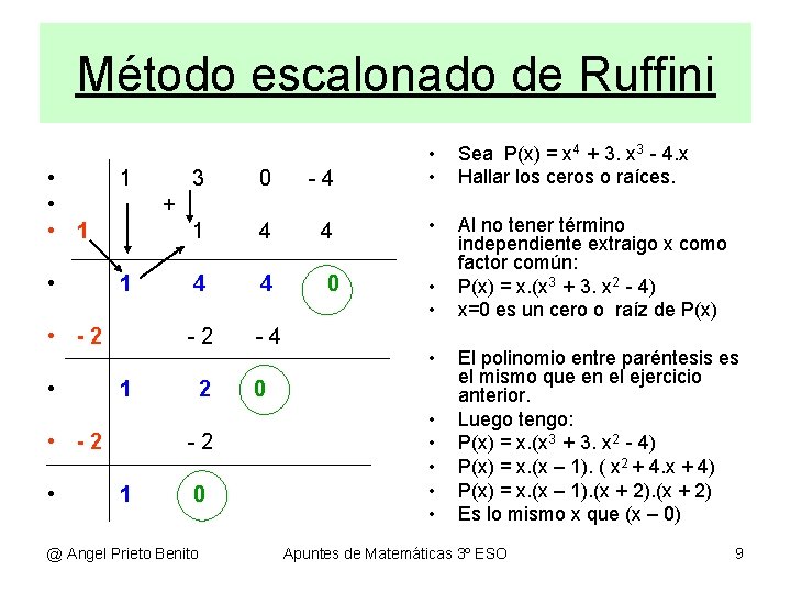 Método escalonado de Ruffini • • • 1 1 • 1 -4 1 4