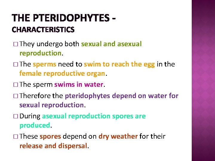 THE PTERIDOPHYTES CHARACTERISTICS � They undergo both sexual and asexual reproduction. � The sperms