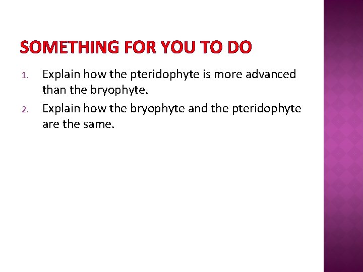 SOMETHING FOR YOU TO DO 1. 2. Explain how the pteridophyte is more advanced