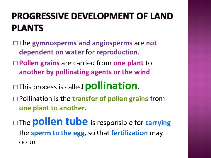 PROGRESSIVE DEVELOPMENT OF LAND PLANTS � The gymnosperms and angiosperms are not dependent on