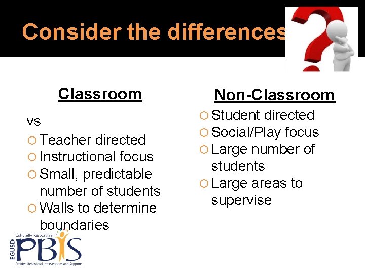 Consider the differences… Classroom vs Teacher directed Instructional focus Small, predictable number of students Consider the differences… Classroom vs Teacher directed Instructional focus Small, predictable number of students