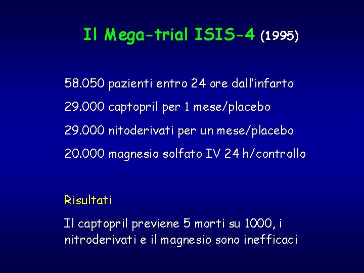 Il Mega-trial ISIS-4 (1995) 58. 050 pazienti entro 24 ore dall’infarto 29. 000 captopril