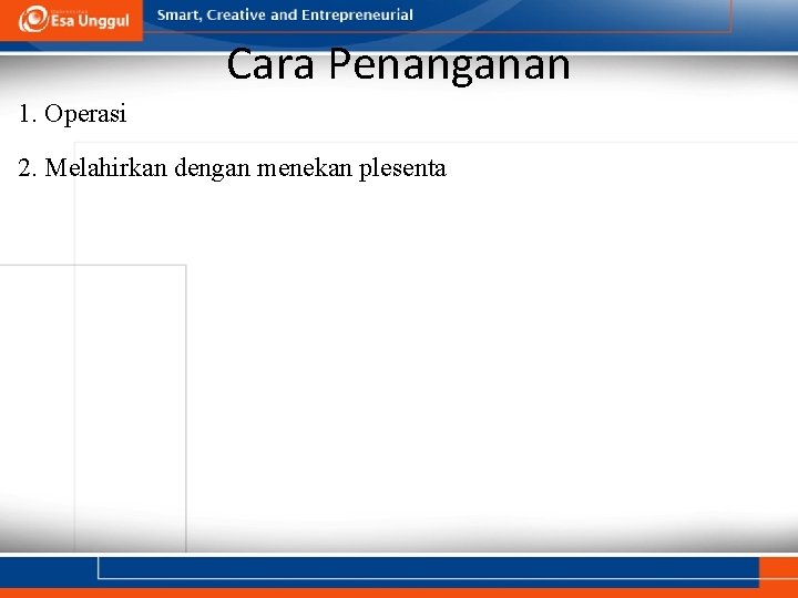 Cara Penanganan 1. Operasi 2. Melahirkan dengan menekan plesenta Cara Penanganan 1. Operasi 2. Melahirkan dengan menekan plesenta