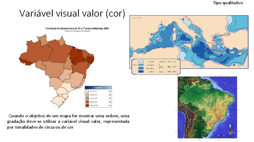 Tipo qualitativo Variável visual valor (cor) Quando o objetivo de um mapa for mostrar Tipo qualitativo Variável visual valor (cor) Quando o objetivo de um mapa for mostrar