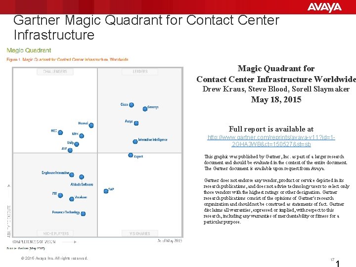 Gartner Magic Quadrant for Contact Center Infrastructure Worldwide Drew Kraus, Steve Blood, Sorell Slaymaker