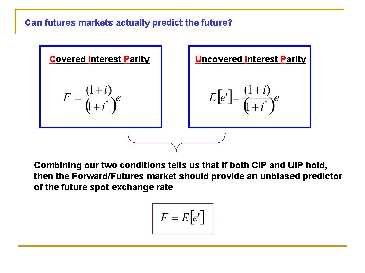 Can futures markets actually predict the future? Covered Interest Parity Uncovered Interest Parity Combining